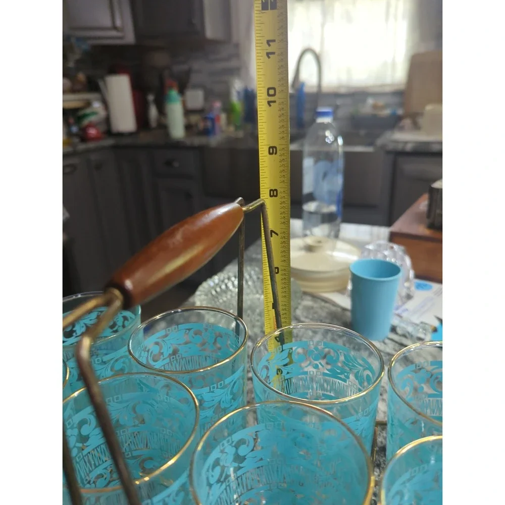 8 Vintage Anchor Hocking Chantilly Turquoise Drinking Glasses With MCM Holder